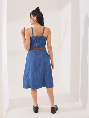 Latin Quarters Women's Blue Solid Strappy Square Neck Casual Shirt Dress