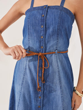 Latin Quarters Women's Blue Solid Strappy Square Neck Casual Shirt Dress