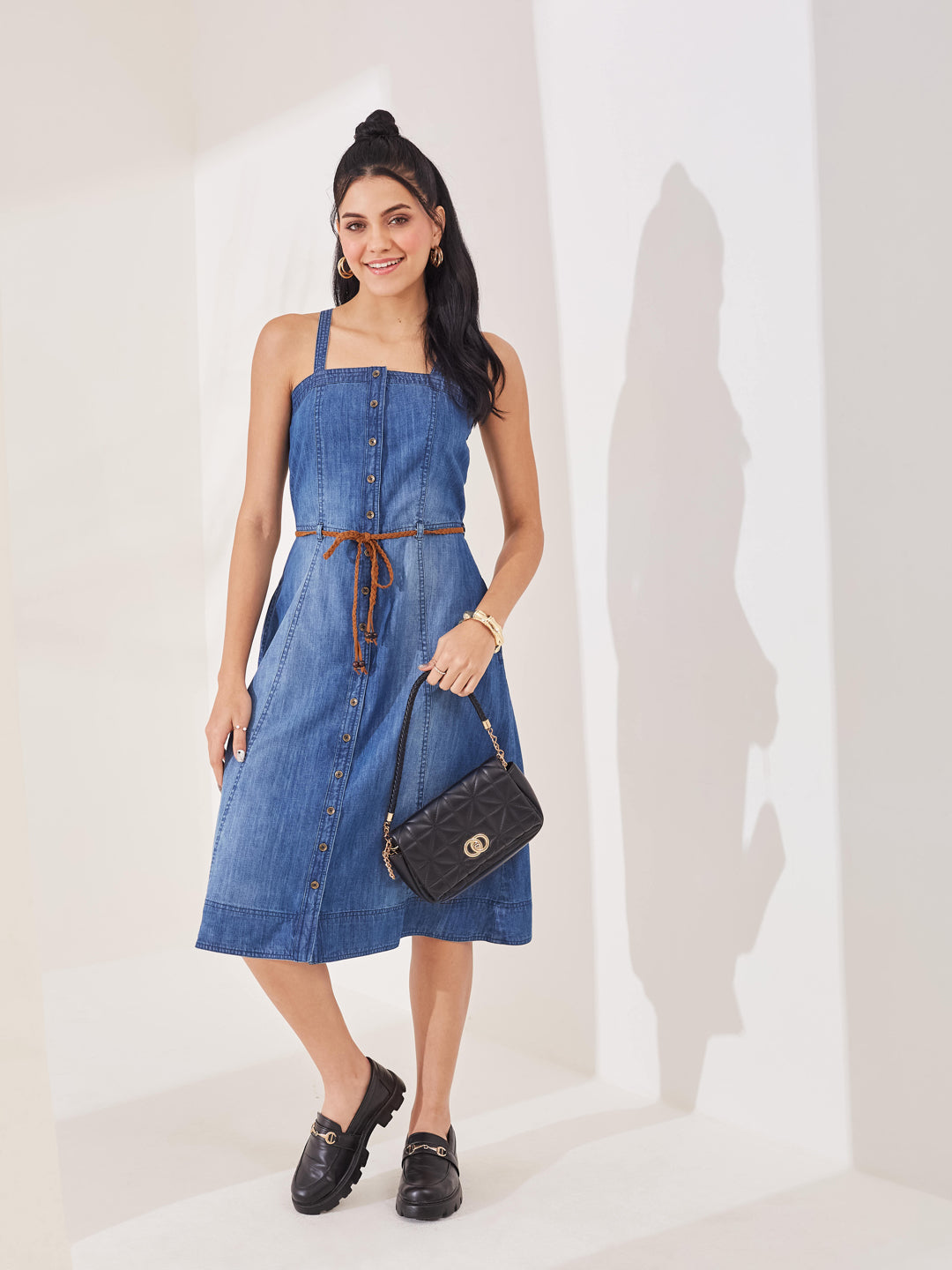 Latin Quarters Women's Blue Solid Strappy Square Neck Casual Shirt Dress