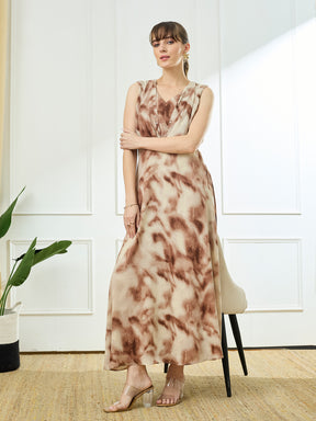 Latin Quarters Women's Brown Sleeveless V-Neck Casual Tie-Dye Dress