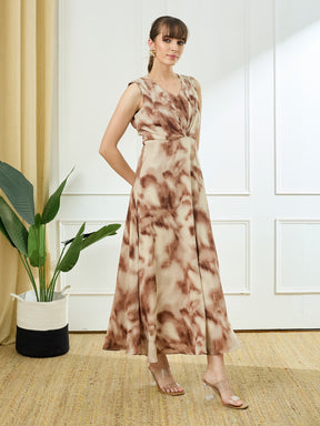 Latin Quarters Women's Brown Sleeveless V-Neck Casual Tie-Dye Dress