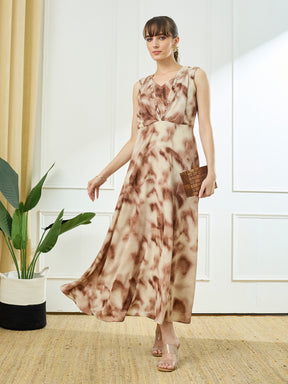 Latin Quarters Women's Brown Sleeveless V-Neck Casual Tie-Dye Dress