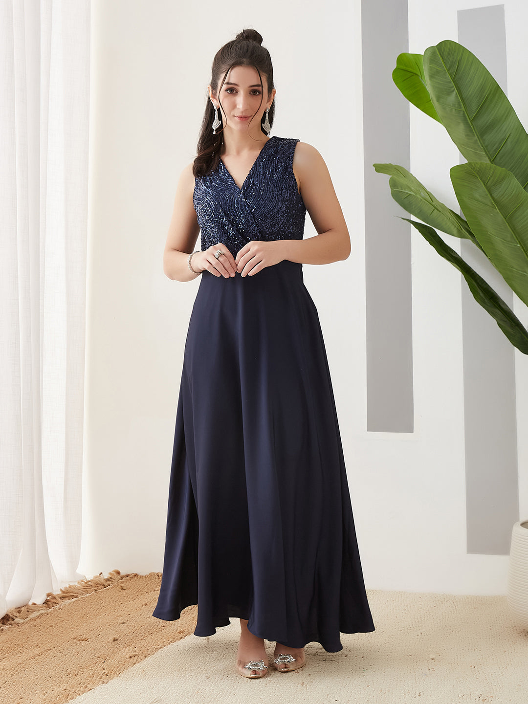Latin Quarters Women Blue Embellished Sleeveless Party Dress