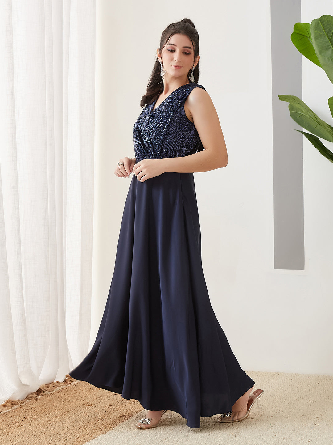 Latin Quarters Women Blue Embellished Sleeveless Party Dress