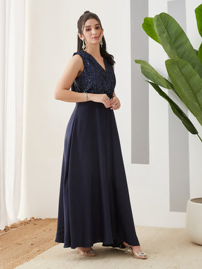 Latin Quarters Women Blue Embellished Sleeveless Party Dress