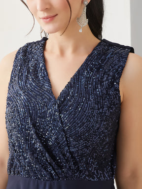 Latin Quarters Women Blue Embellished Sleeveless Party Dress