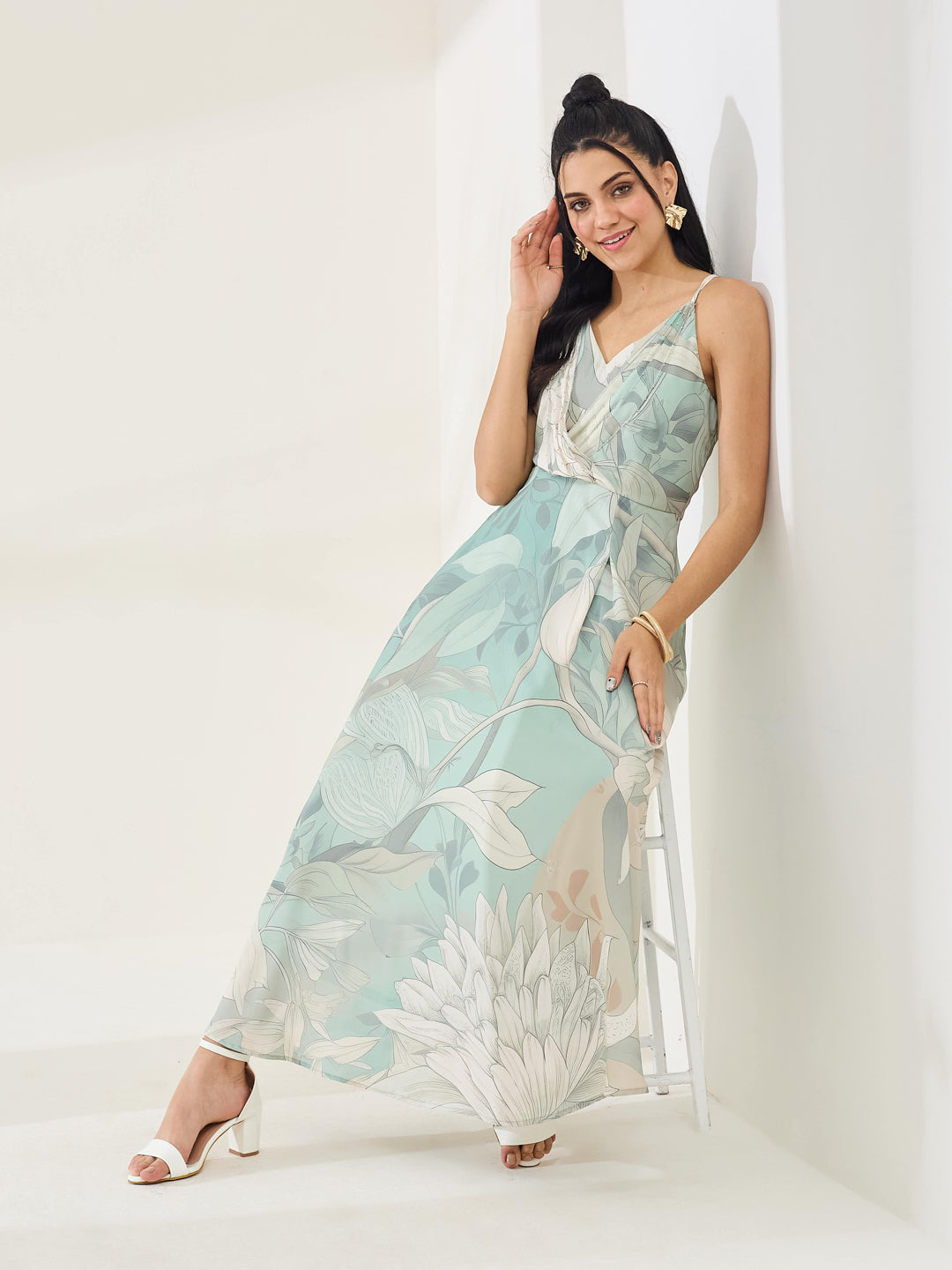 Latin Quarters Women's Green Printed Strappy V-Neck Casual Fit & Flared Dress
