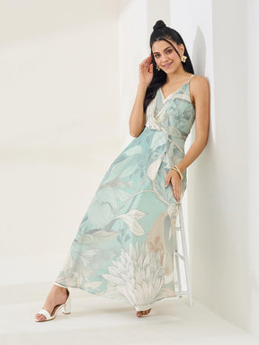 Latin Quarters Women's Green Printed Strappy V-Neck Casual Fit & Flared Dress