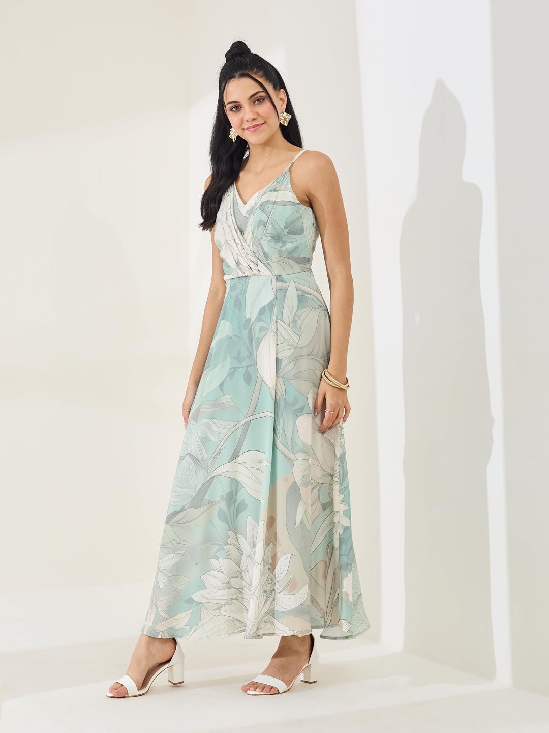 Latin Quarters Women's Green Printed Strappy V-Neck Casual Fit & Flared Dress
