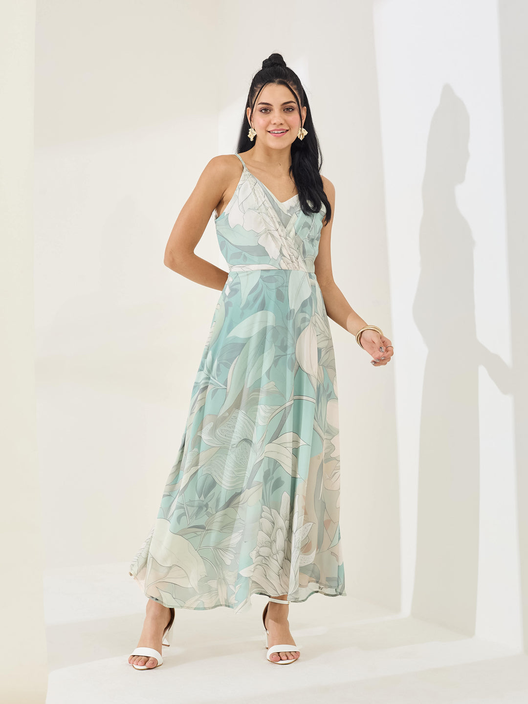 Latin Quarters Women's Green Printed Strappy V-Neck Casual Fit & Flared Dress