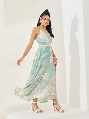 Latin Quarters Women's Green Printed Strappy V-Neck Casual Fit & Flared Dress