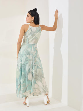 Latin Quarters Women's Green Printed Strappy V-Neck Casual Fit & Flared Dress