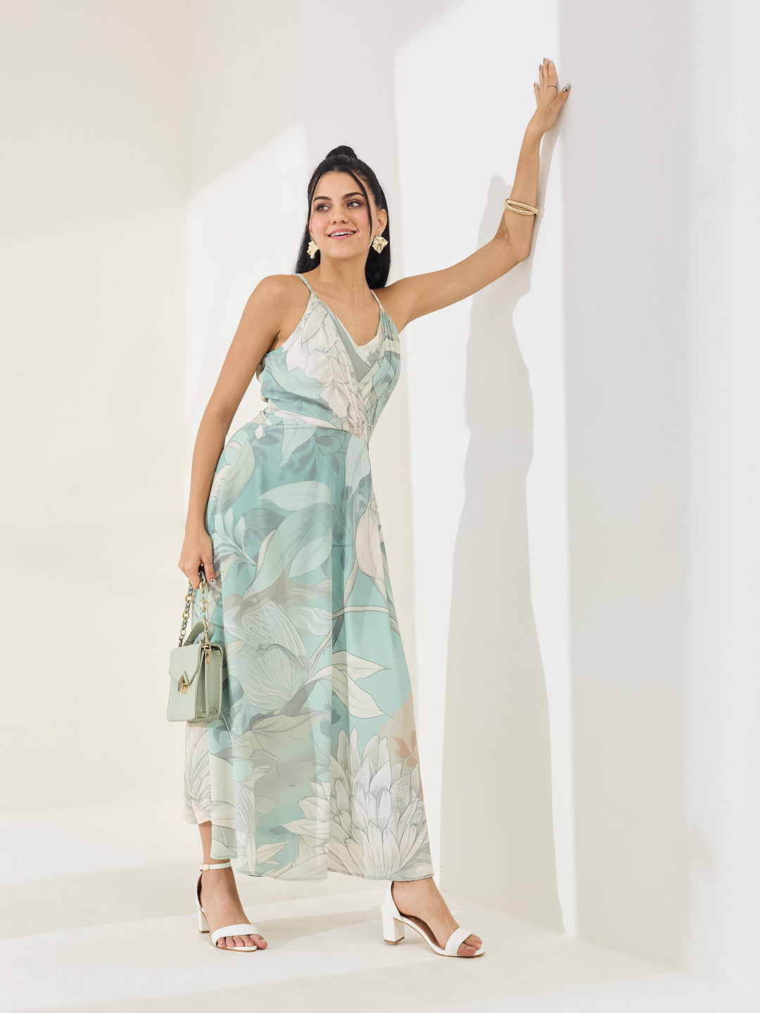 Latin Quarters Women's Green Printed Strappy V-Neck Casual Fit & Flared Dress