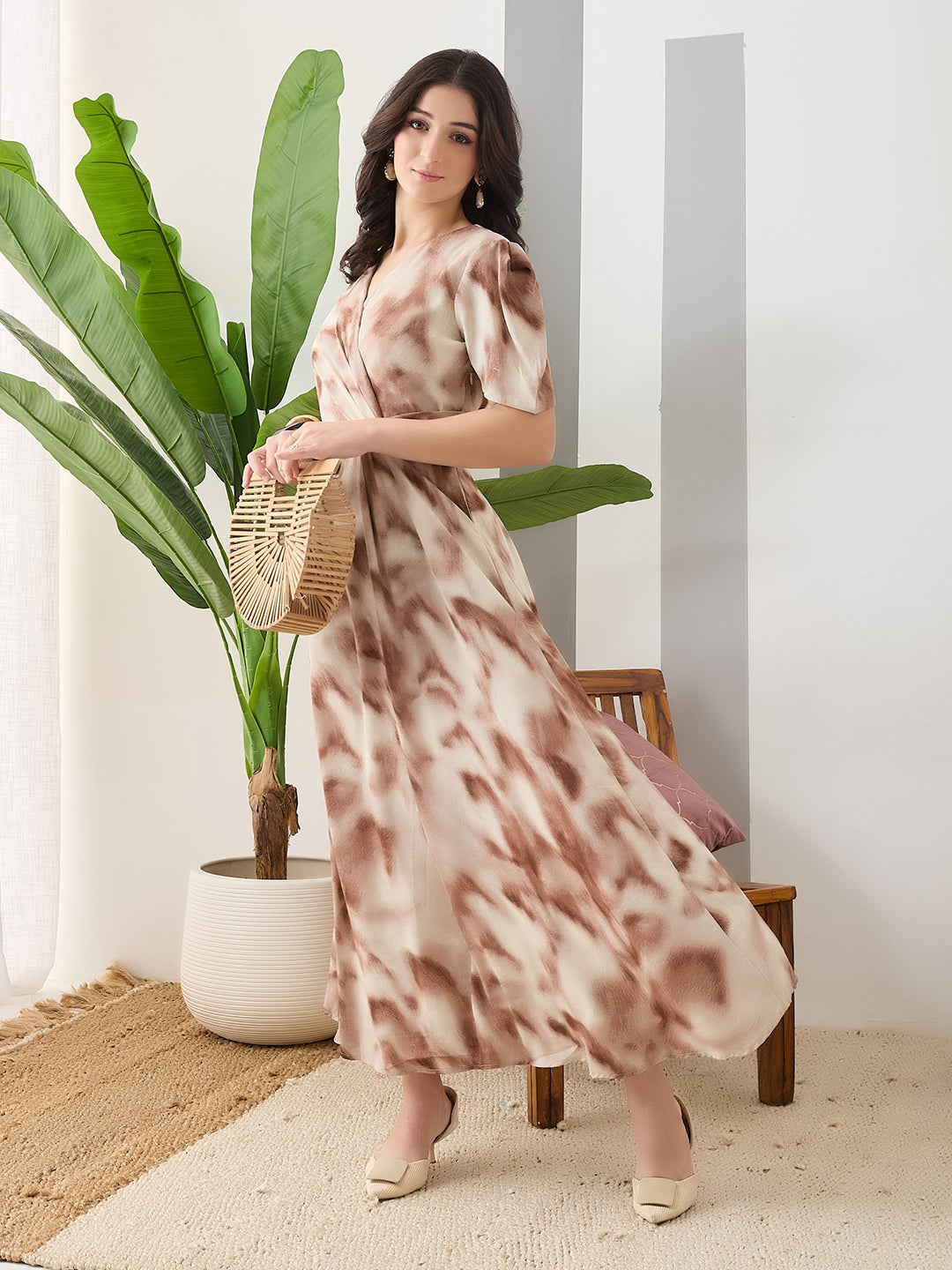 Latin Quarters Women Brown Tie-Dye Half Sleeves Casual Dress