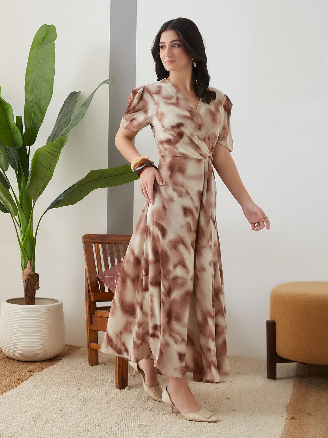 Latin Quarters Women Brown Tie-Dye Half Sleeves Casual Dress