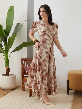 Latin Quarters Women Brown Tie-Dye Half Sleeves Casual Dress