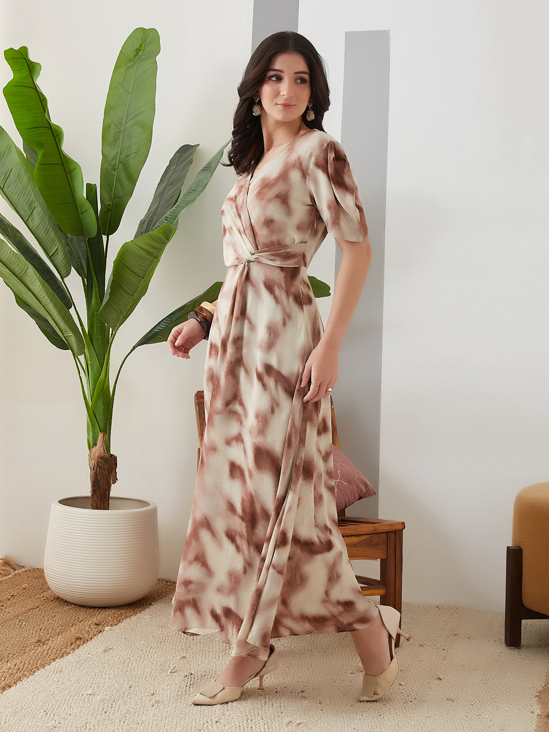 Latin Quarters Women Brown Tie-Dye Half Sleeves Casual Dress