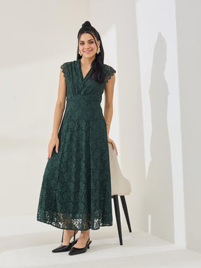 Latin Quarters Women's Green Cap Sleeve V-Neck Party A-Line Dress