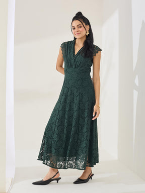 Latin Quarters Women's Green Cap Sleeve V-Neck Party A-Line Dress