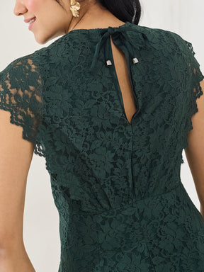 Latin Quarters Women's Green Cap Sleeve V-Neck Party A-Line Dress