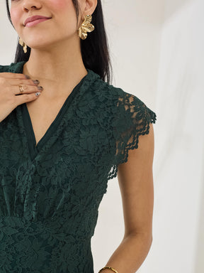 Latin Quarters Women's Green Cap Sleeve V-Neck Party A-Line Dress