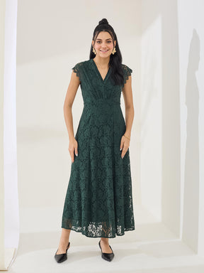Latin Quarters Women's Green Cap Sleeve V-Neck Party A-Line Dress