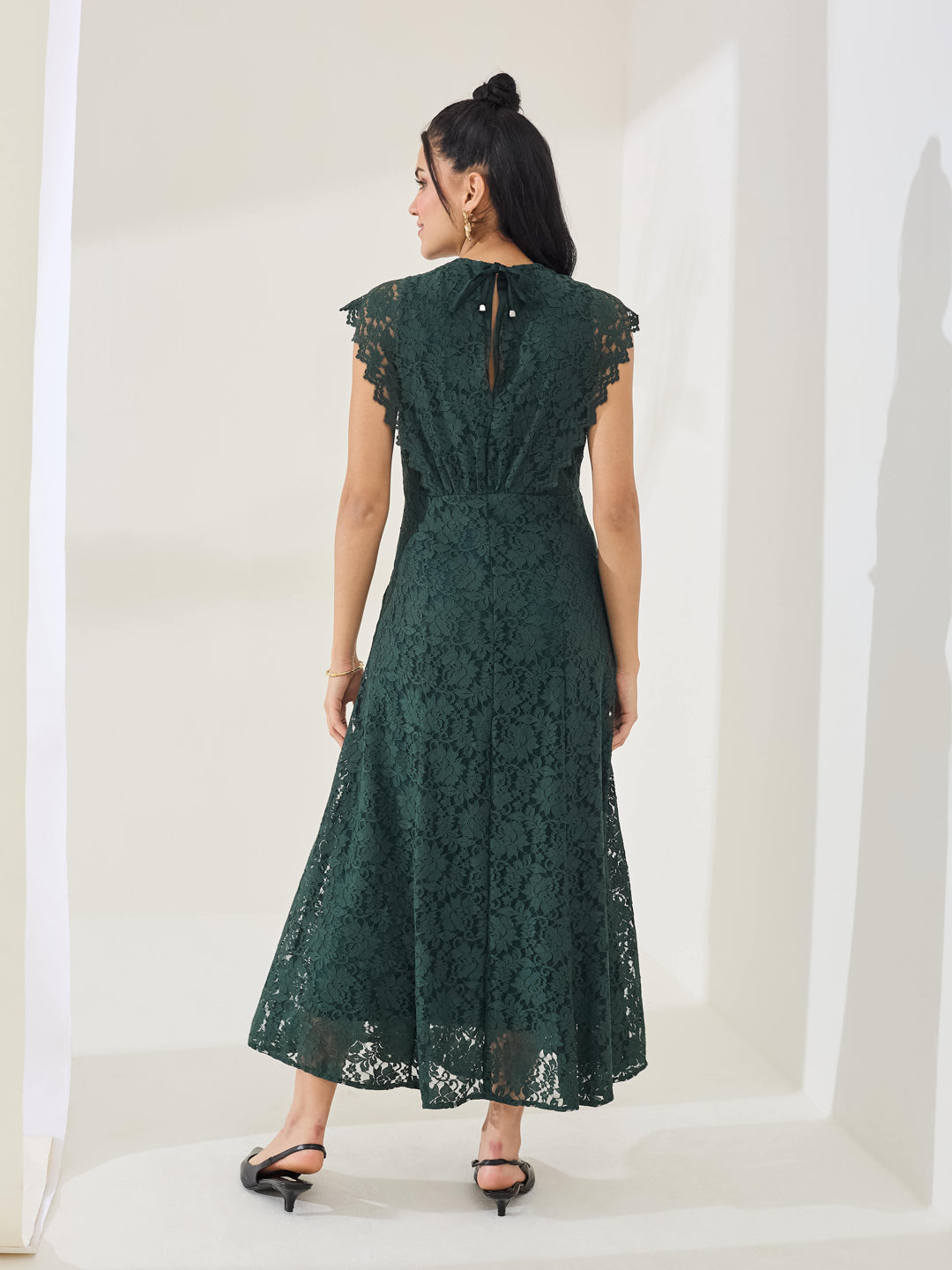 Latin Quarters Women's Green Cap Sleeve V-Neck Party A-Line Dress