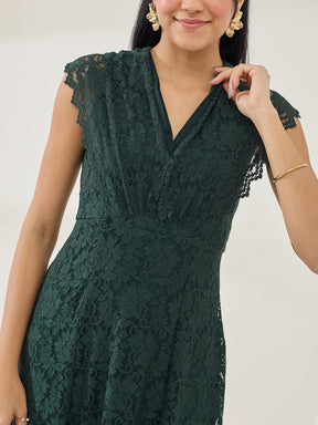 Latin Quarters Women's Green Cap Sleeve V-Neck Party A-Line Dress