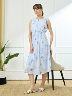 Latin Quarters Women's Blue Sleeveless Round Neck Casual Printed Dress