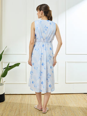 Latin Quarters Women's Blue Sleeveless Round Neck Casual Printed Dress