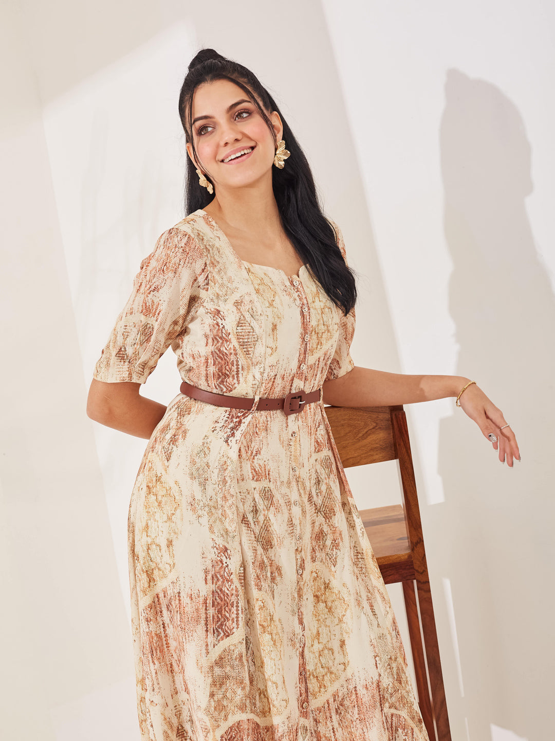 Latin Quarters Women's Beige Printed Half Sleeves Square Neck Casual A-Line Dress