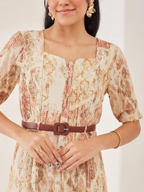 Latin Quarters Women's Beige Printed Half Sleeves Square Neck Casual A-Line Dress