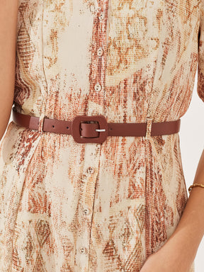 Latin Quarters Women's Beige Printed Half Sleeves Square Neck Casual A-Line Dress