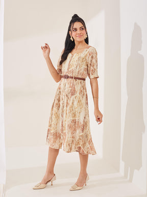 Latin Quarters Women's Beige Printed Half Sleeves Square Neck Casual A-Line Dress