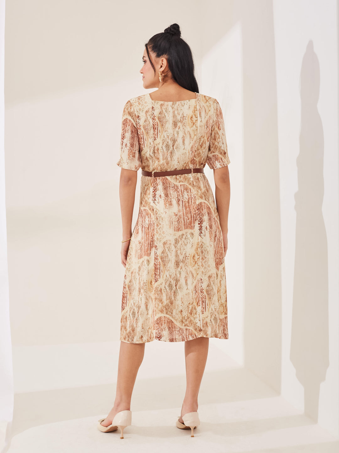 Latin Quarters Women's Beige Printed Half Sleeves Square Neck Casual A-Line Dress