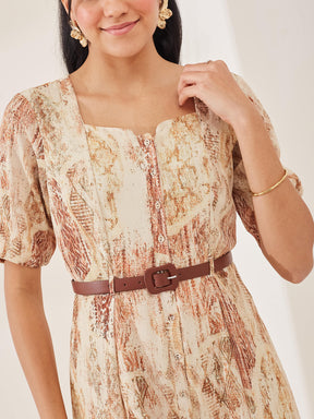 Latin Quarters Women's Beige Printed Half Sleeves Square Neck Casual A-Line Dress
