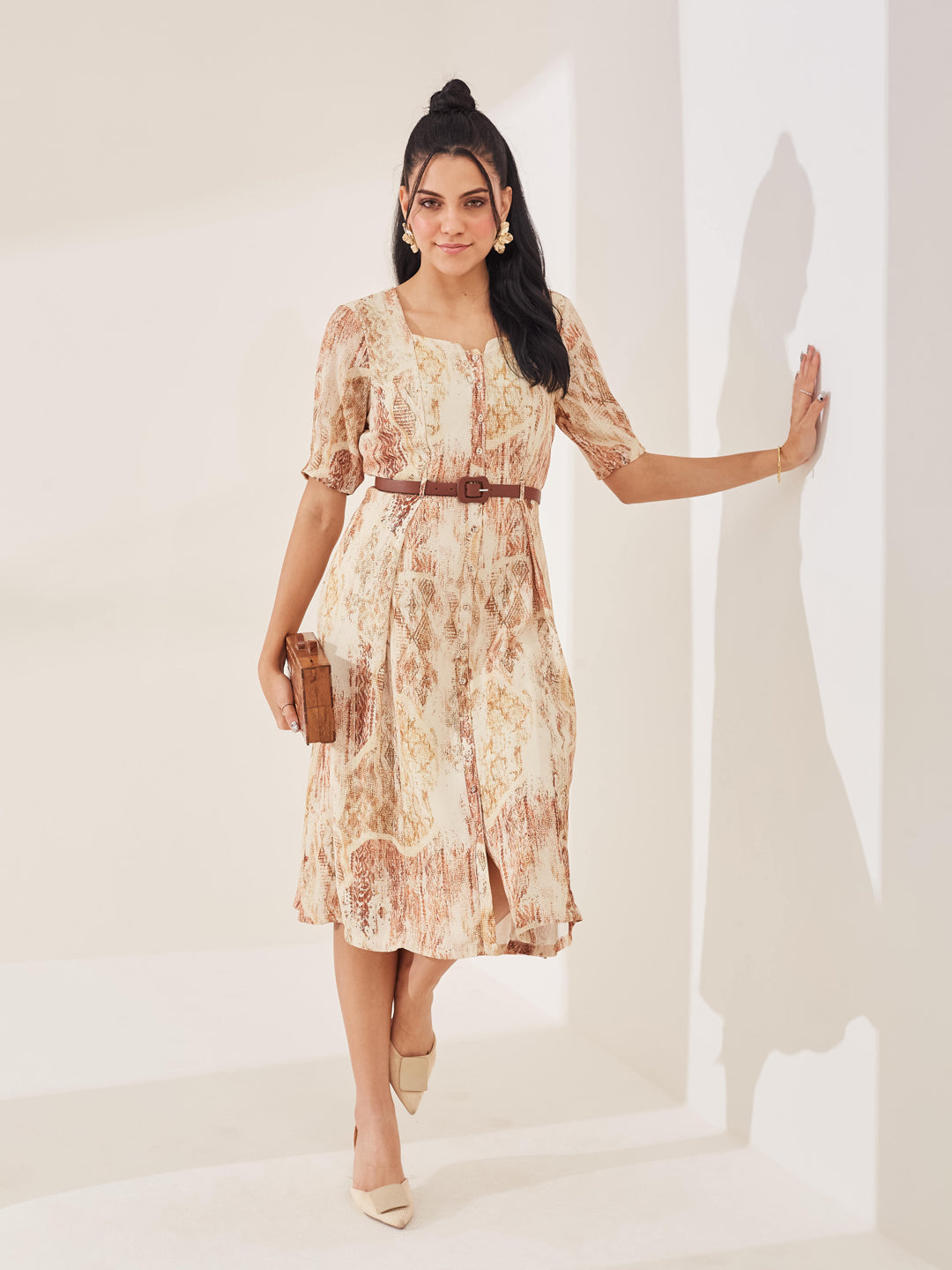Latin Quarters Women's Beige Printed Half Sleeves Square Neck Casual A-Line Dress
