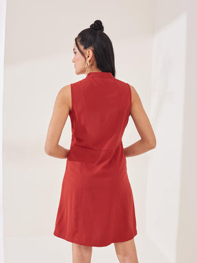 Latin Quarters Women's Rust Solid Sleeveless Mandarin Neck Casual Shirt Dress
