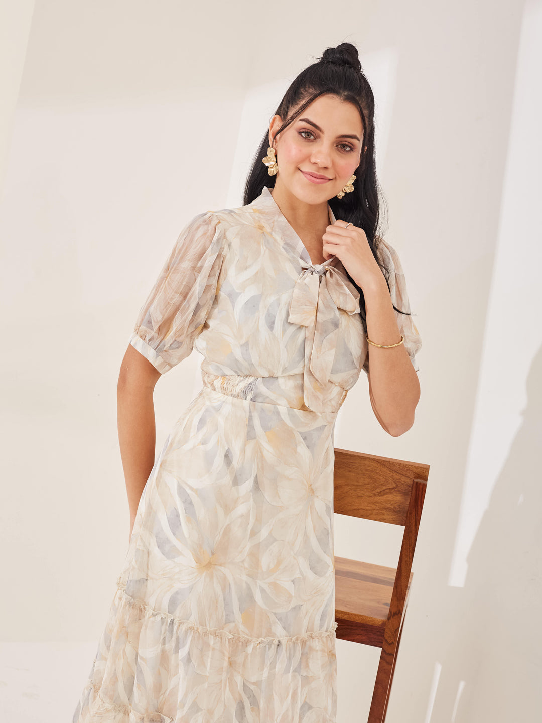 Latin Quarters Women's Beige Printed Half Sleeves Tie-Up Casual Fit & Flared Dress