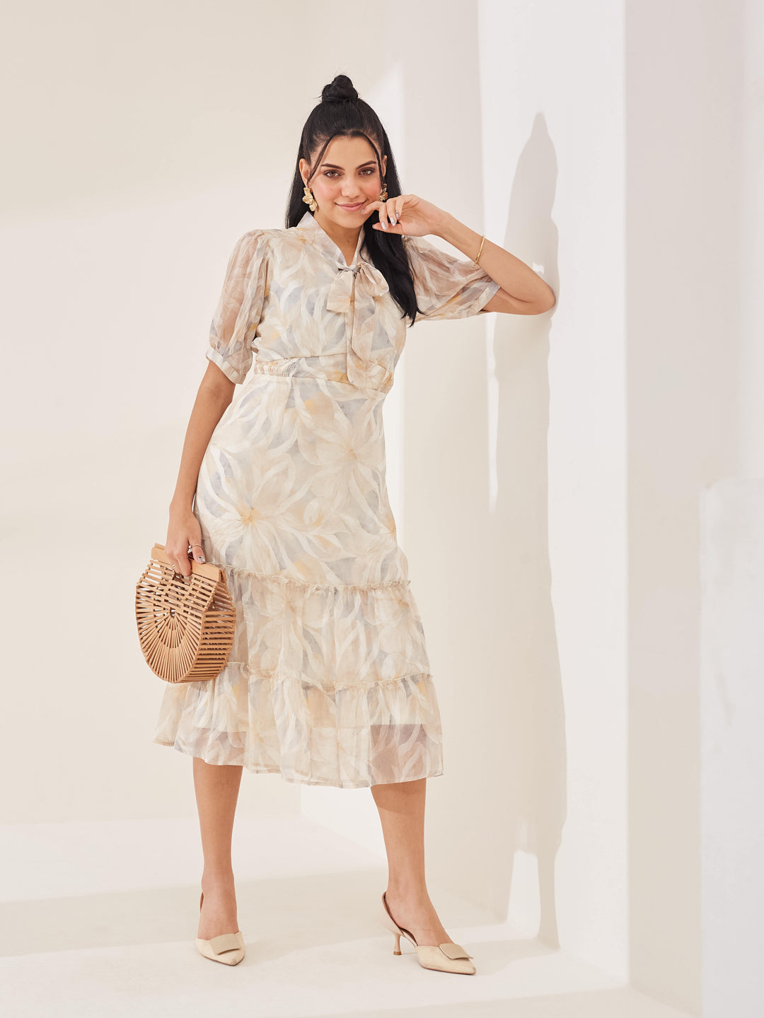 Latin Quarters Women's Beige Printed Half Sleeves Tie-Up Casual Fit & Flared Dress