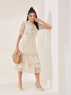 Latin Quarters Women's Beige Printed Half Sleeves Tie-Up Casual Fit & Flared Dress