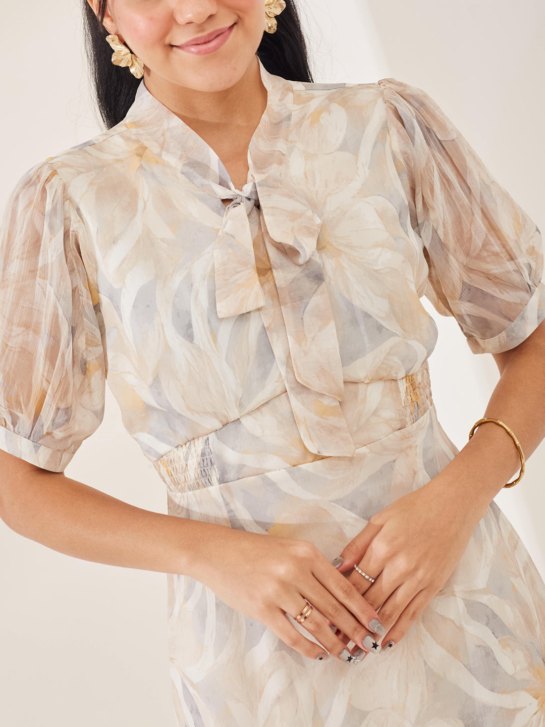 Latin Quarters Women's Beige Printed Half Sleeves Tie-Up Casual Fit & Flared Dress