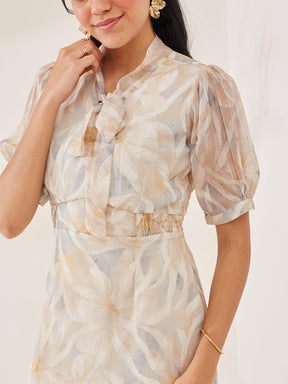 Latin Quarters Women's Beige Printed Half Sleeves Tie-Up Casual Fit & Flared Dress