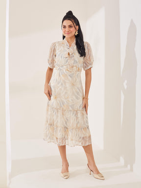 Latin Quarters Women's Beige Printed Half Sleeves Tie-Up Casual Fit & Flared Dress