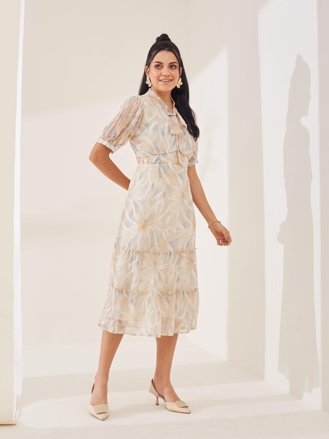 Latin Quarters Women's Beige Printed Half Sleeves Tie-Up Casual Fit & Flared Dress
