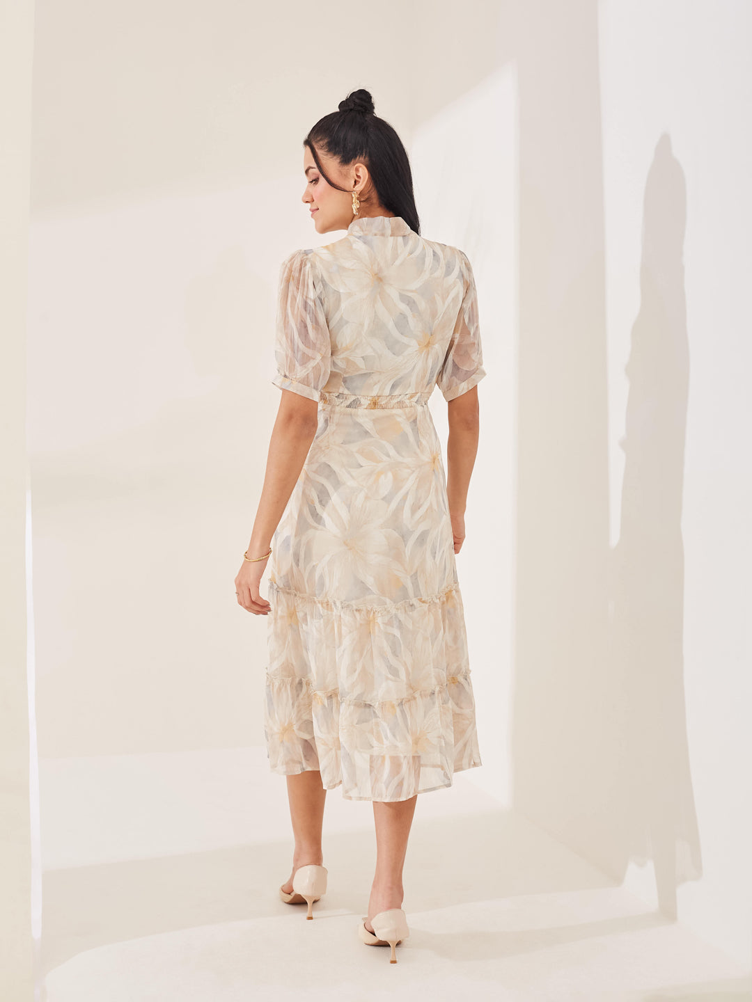 Latin Quarters Women's Beige Printed Half Sleeves Tie-Up Casual Fit & Flared Dress