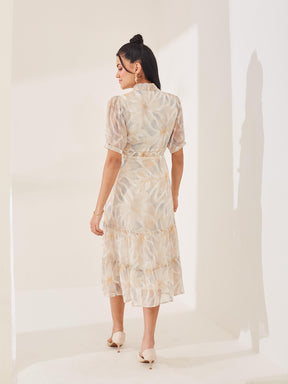 Latin Quarters Women's Beige Printed Half Sleeves Tie-Up Casual Fit & Flared Dress