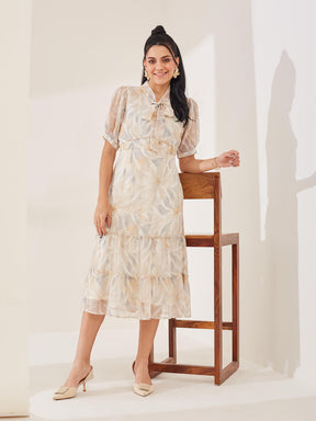 Latin Quarters Women's Beige Printed Half Sleeves Tie-Up Casual Fit & Flared Dress