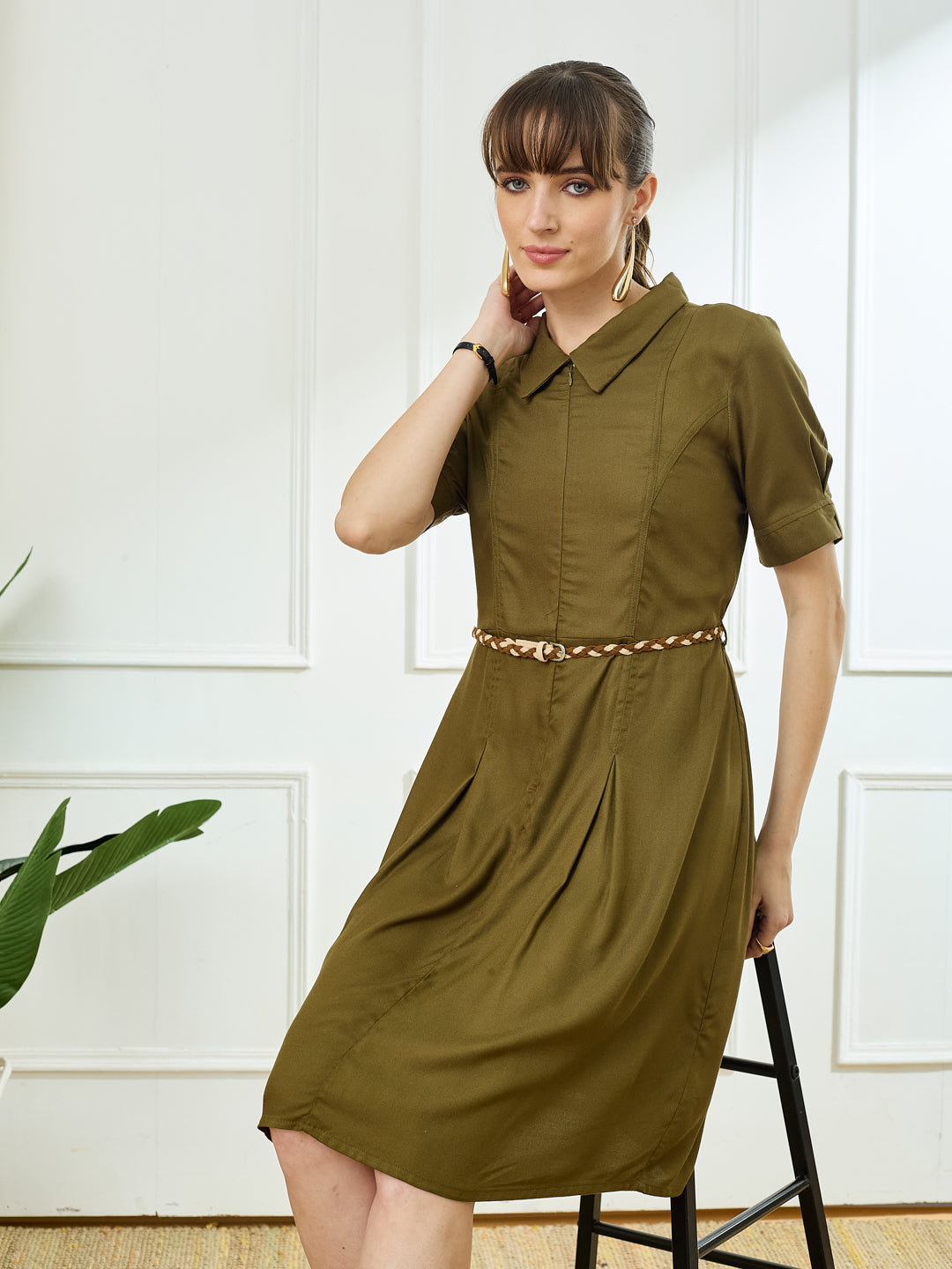 Latin Quarters Women's Green Half Sleeves Collar Neck Casual Solid Dress