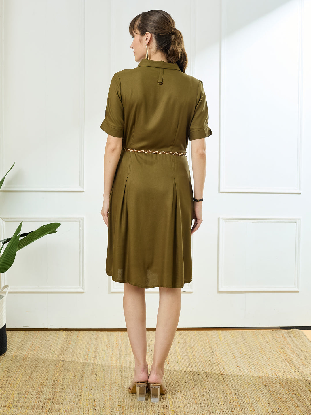 Latin Quarters Women's Green Half Sleeves Collar Neck Casual Solid Dress